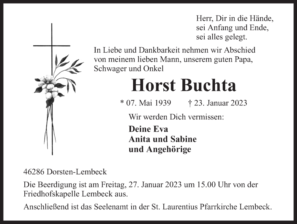  Traueranzeige für Horst Buchta vom 26.01.2023 aus Ruhr Nachrichten und Dorstener Zeitung