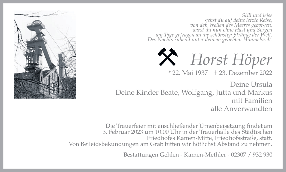  Traueranzeige für Horst Höper vom 30.01.2023 aus Hellweger Anzeiger