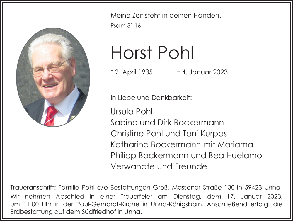  Traueranzeige für Horst Pohl vom 10.01.2023 aus Hellweger Anzeiger