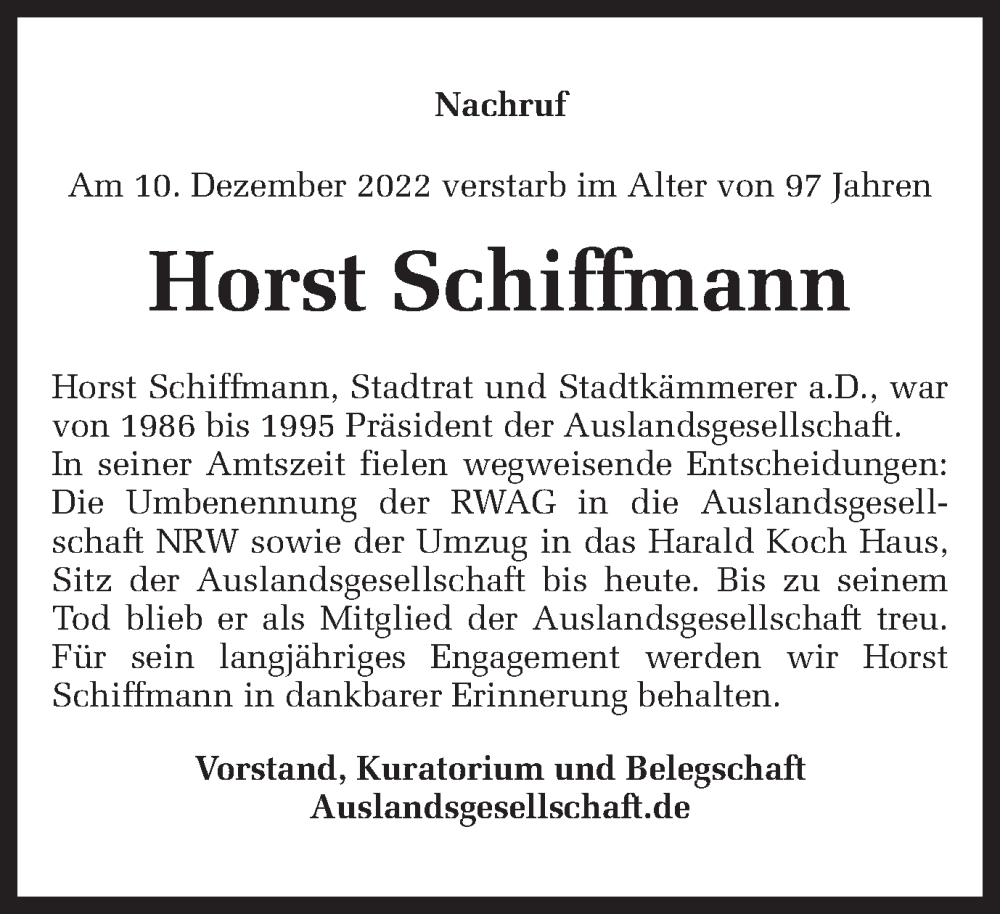  Traueranzeige für Horst Schiffmann vom 14.01.2023 aus 