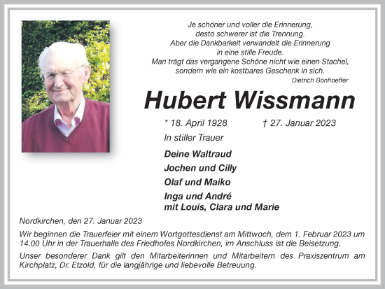 Traueranzeige von Hubert Wissmann von Ruhr Nachrichten