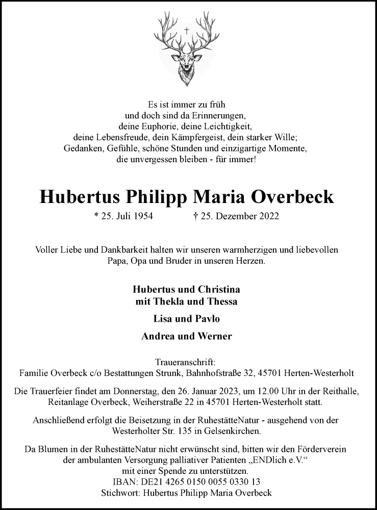  Traueranzeige für Hubertus Philipp Maria Overbeck vom 11.01.2023 aus Medienhaus Bauer