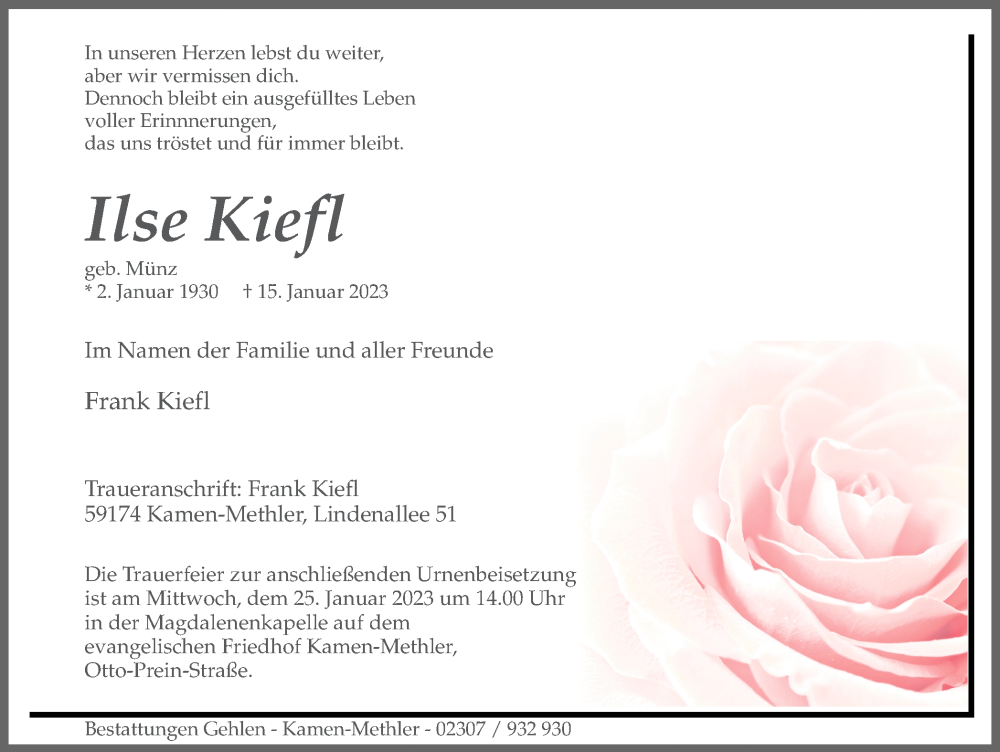  Traueranzeige für Ilse Kiefl vom 21.01.2023 aus Hellweger Anzeiger