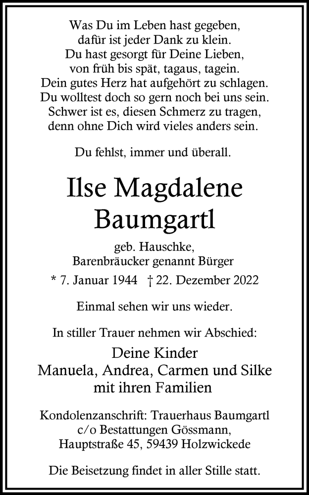  Traueranzeige für Ilse Magdalene Baumgartl vom 07.01.2023 aus Hellweger Anzeiger