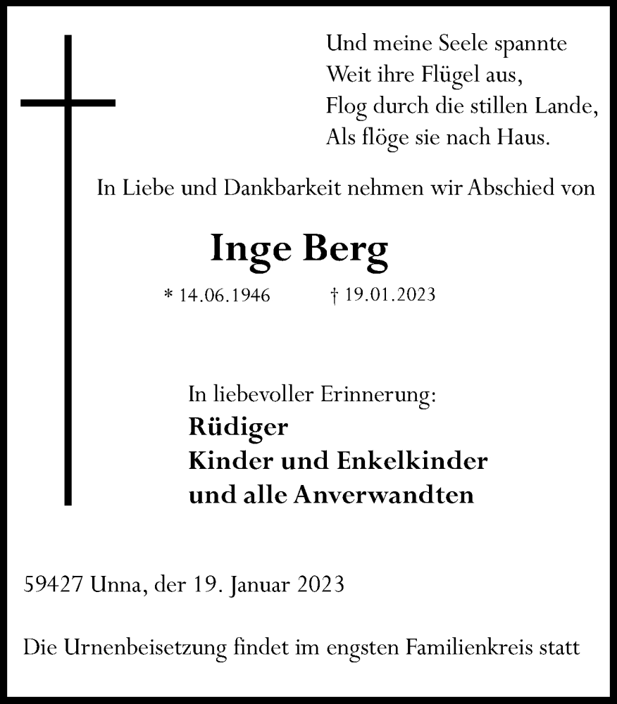  Traueranzeige für Inge Berg vom 31.01.2023 aus Hellweger Anzeiger