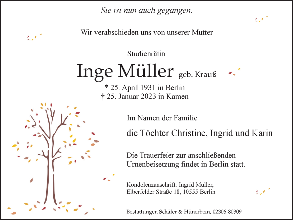  Traueranzeige für Inge Müller vom 28.01.2023 aus Hellweger Anzeiger