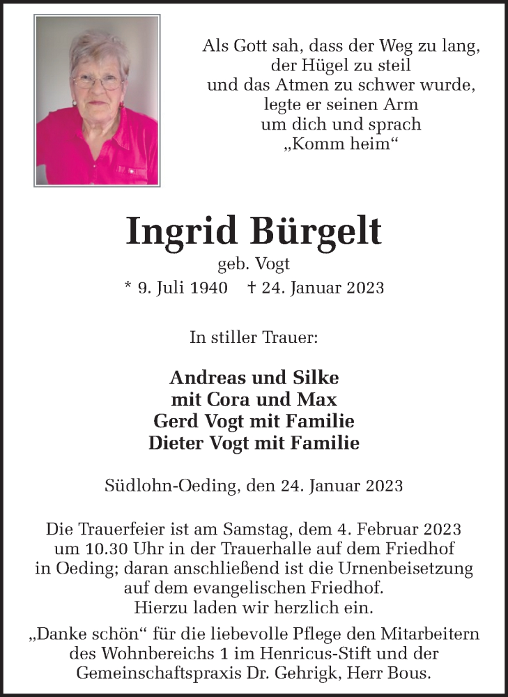  Traueranzeige für Ingrid Bürgelt vom 31.01.2023 aus Münstersche Zeitung und Münsterland Zeitung