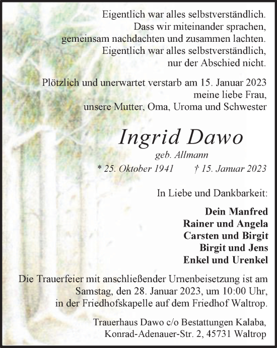 Traueranzeige von Ingrid Dawo von Medienhaus Bauer
