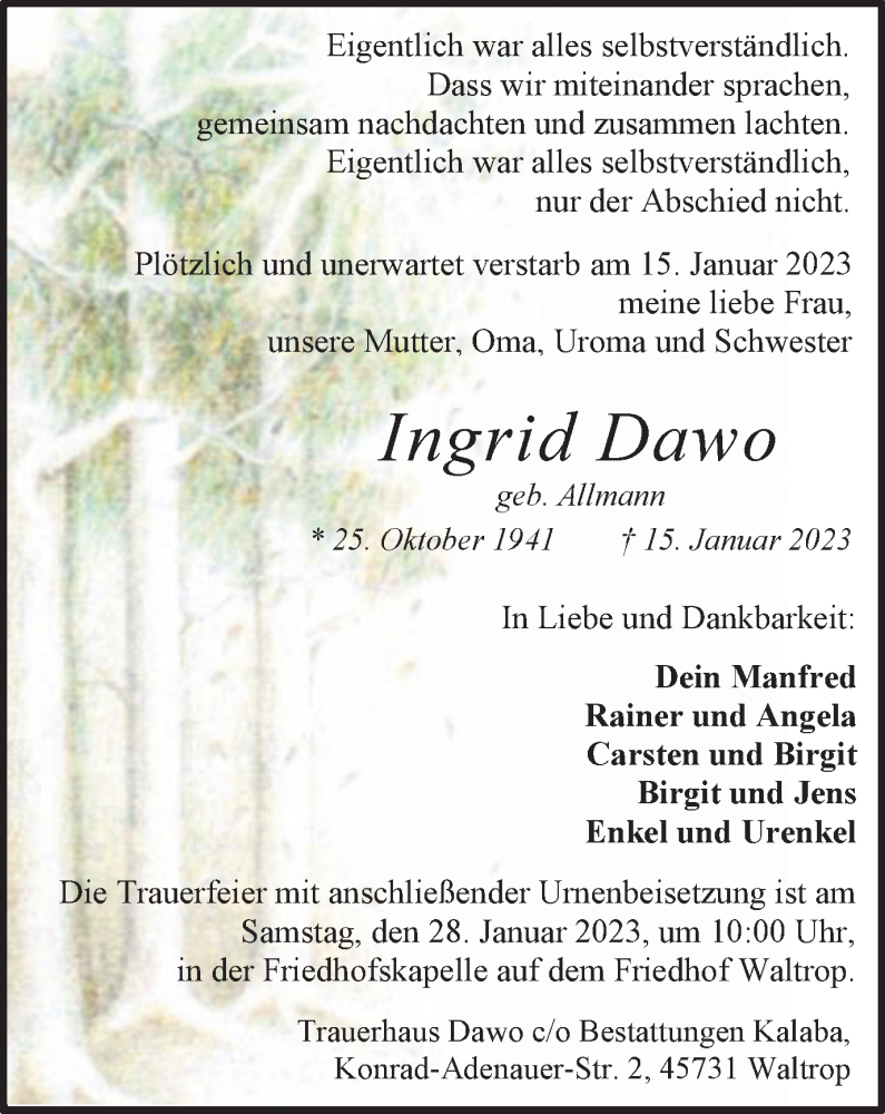  Traueranzeige für Ingrid Dawo vom 25.01.2023 aus Medienhaus Bauer