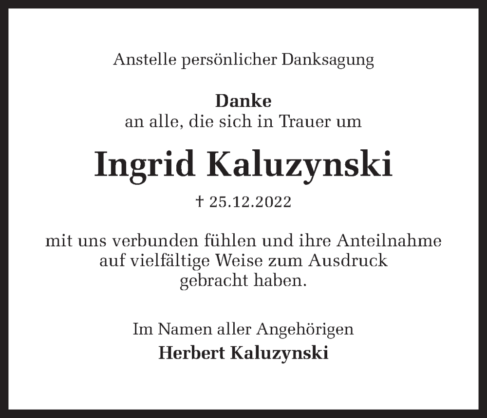 Traueranzeigen Von Ingrid Kaluzynski Sich Erinnernde 3142