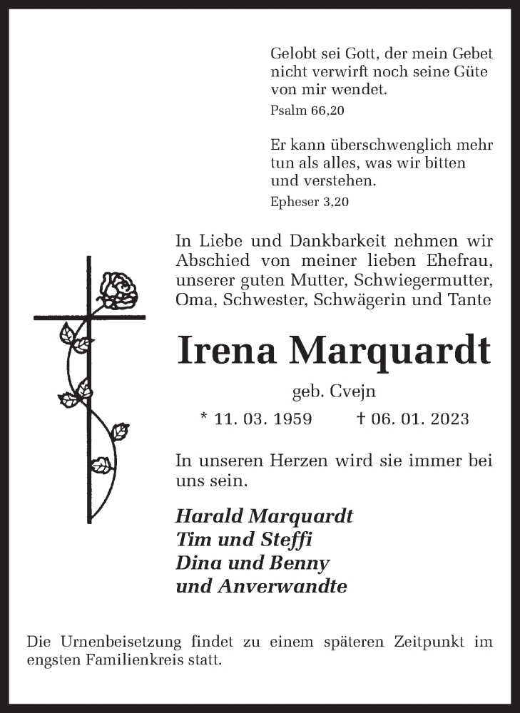  Traueranzeige für Irena Marquardt vom 14.01.2023 aus Ruhr Nachrichten und Dorstener Zeitung