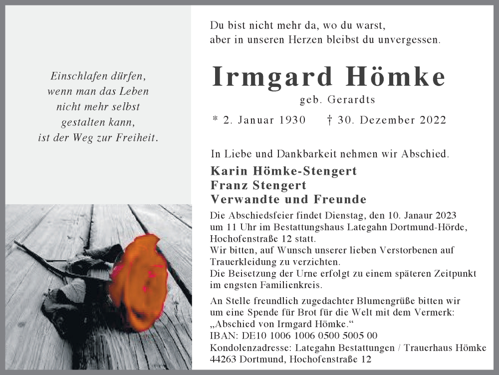  Traueranzeige für Irmgard Hömke vom 06.01.2023 aus 