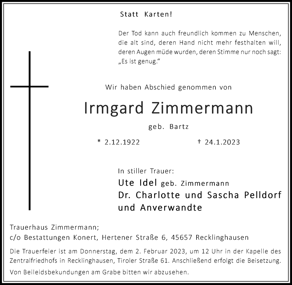  Traueranzeige für Irmgard Zimmermann vom 31.01.2023 aus Medienhaus Bauer