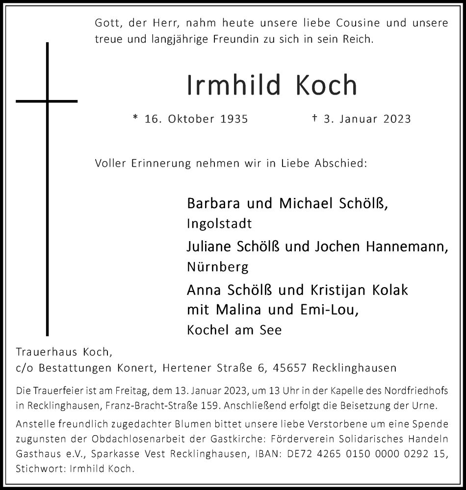 Traueranzeige für Irmhild Koch vom 07.01.2023 aus Medienhaus Bauer