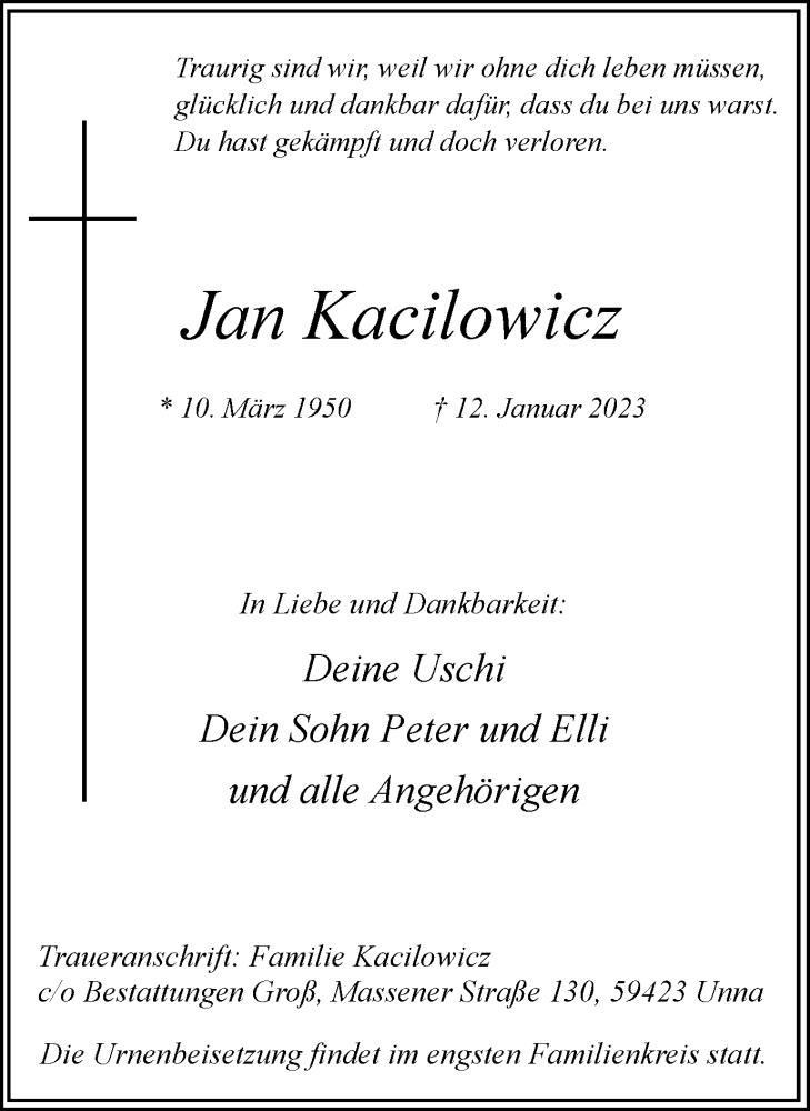  Traueranzeige für Jan Kacilowicz vom 21.01.2023 aus Hellweger Anzeiger