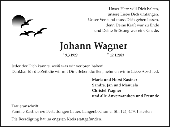 Traueranzeige von Johann Wagner von Medienhaus Bauer