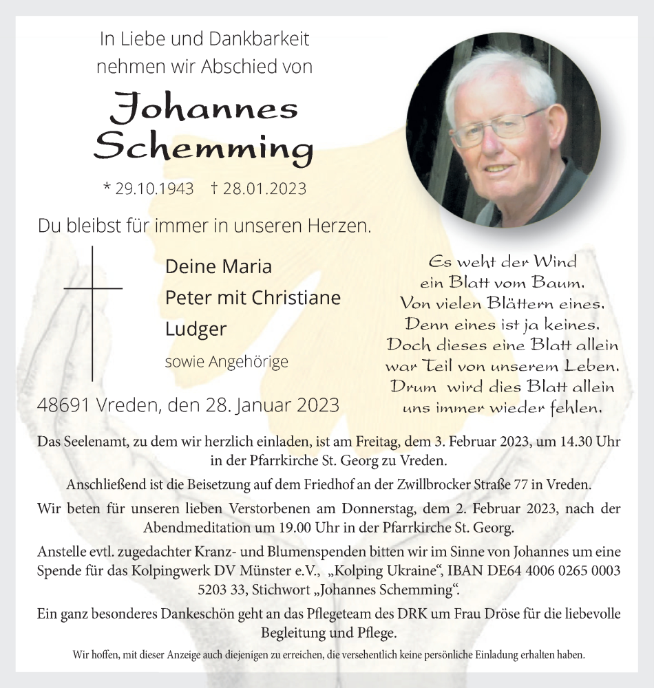  Traueranzeige für Johannes Schemming vom 31.01.2023 aus Münstersche Zeitung und Münsterland Zeitung