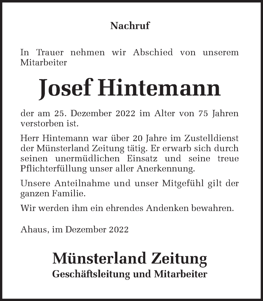  Traueranzeige für Josef Hintemann vom 06.01.2023 aus Münstersche Zeitung und Münsterland Zeitung