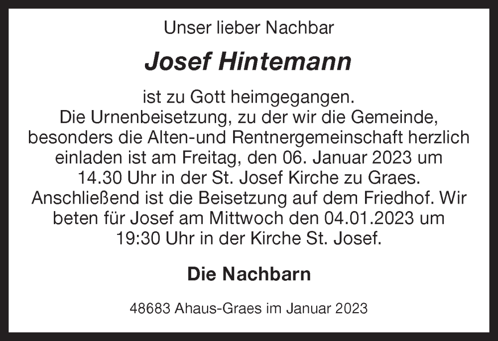  Traueranzeige für Josef Hintemann vom 04.01.2023 aus Münstersche Zeitung und Münsterland Zeitung