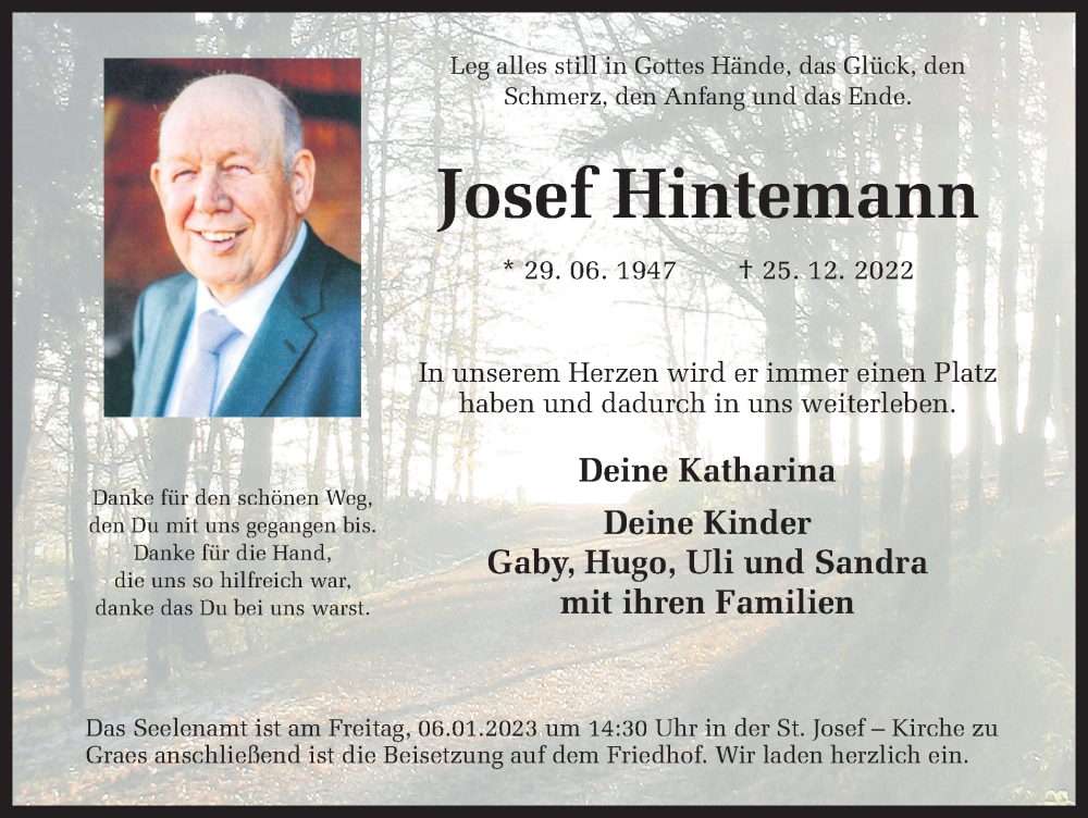  Traueranzeige für Josef Hintemann vom 03.01.2023 aus Münstersche Zeitung und Münsterland Zeitung