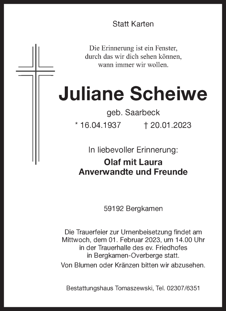  Traueranzeige für Juliane Scheiwe vom 26.01.2023 aus Hellweger Anzeiger