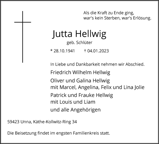 Traueranzeige von Jutta Hellwig von Hellweger Anzeiger
