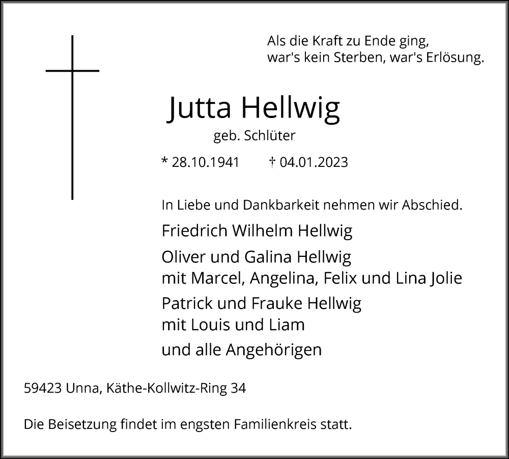  Traueranzeige für Jutta Hellwig vom 07.01.2023 aus Hellweger Anzeiger