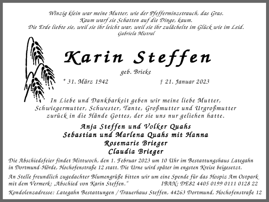 Traueranzeige von Karin Steffen 