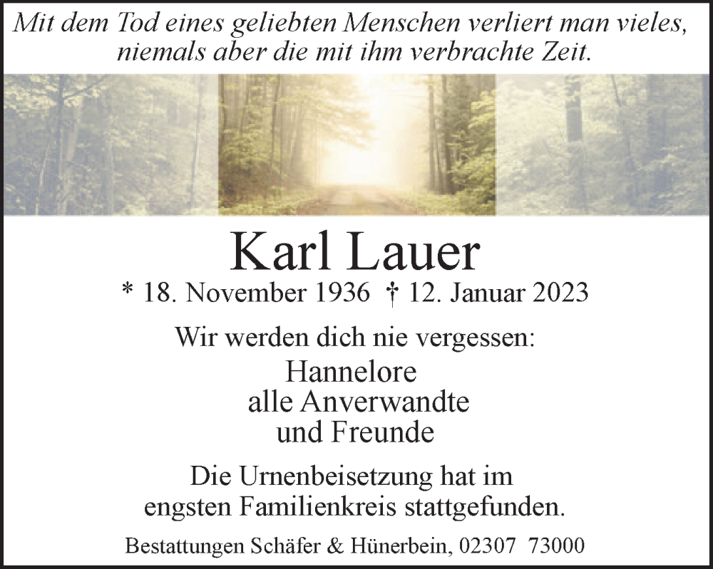  Traueranzeige für Karl Lauer vom 28.01.2023 aus Hellweger Anzeiger
