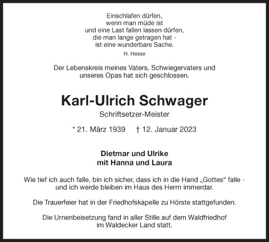 Traueranzeige von Karl-Ulrich Schwager von Hellweger Anzeiger