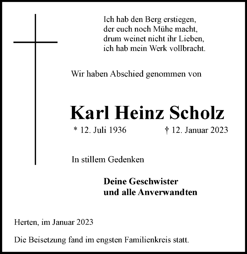  Traueranzeige für Karl Heinz Scholz vom 25.01.2023 aus Medienhaus Bauer