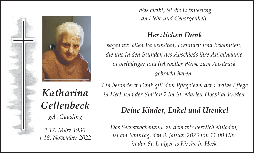  Traueranzeige für Katharina Gellenbeck vom 04.01.2023 aus Münstersche Zeitung und Münsterland Zeitung
