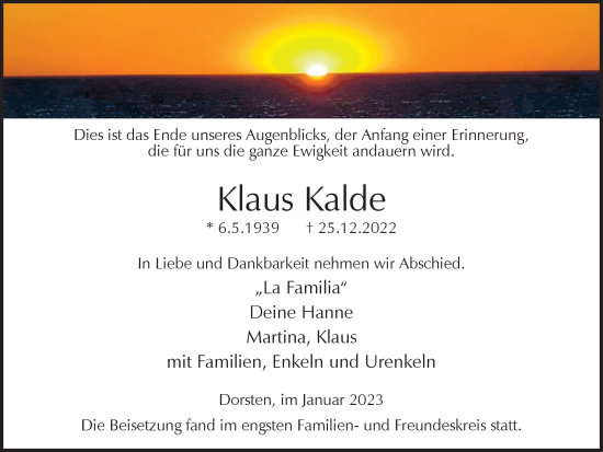 Traueranzeige von Klaus Kalde von Ruhr Nachrichten und Dorstener Zeitung
