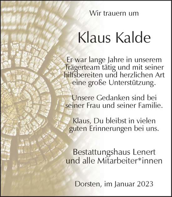 Traueranzeige von Klaus Kalde von Ruhr Nachrichten und Dorstener Zeitung