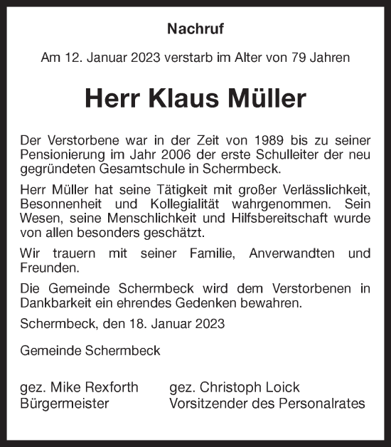 Traueranzeige von Klaus Müller von Ruhr Nachrichten und Dorstener Zeitung