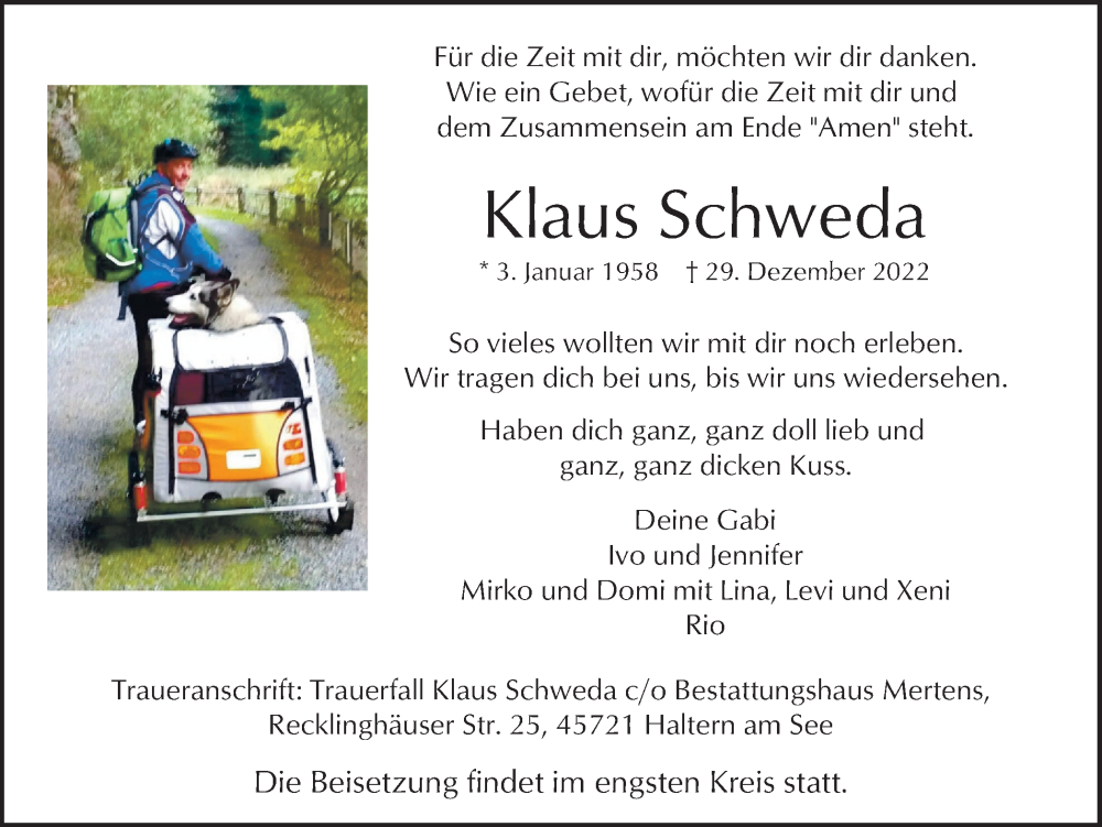  Traueranzeige für Klaus Schweda vom 04.01.2023 aus Ruhr Nachrichten und Halterner Zeitung