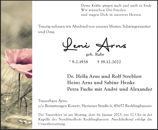 Traueranzeige von Leni Arns von Medienhaus Bauer