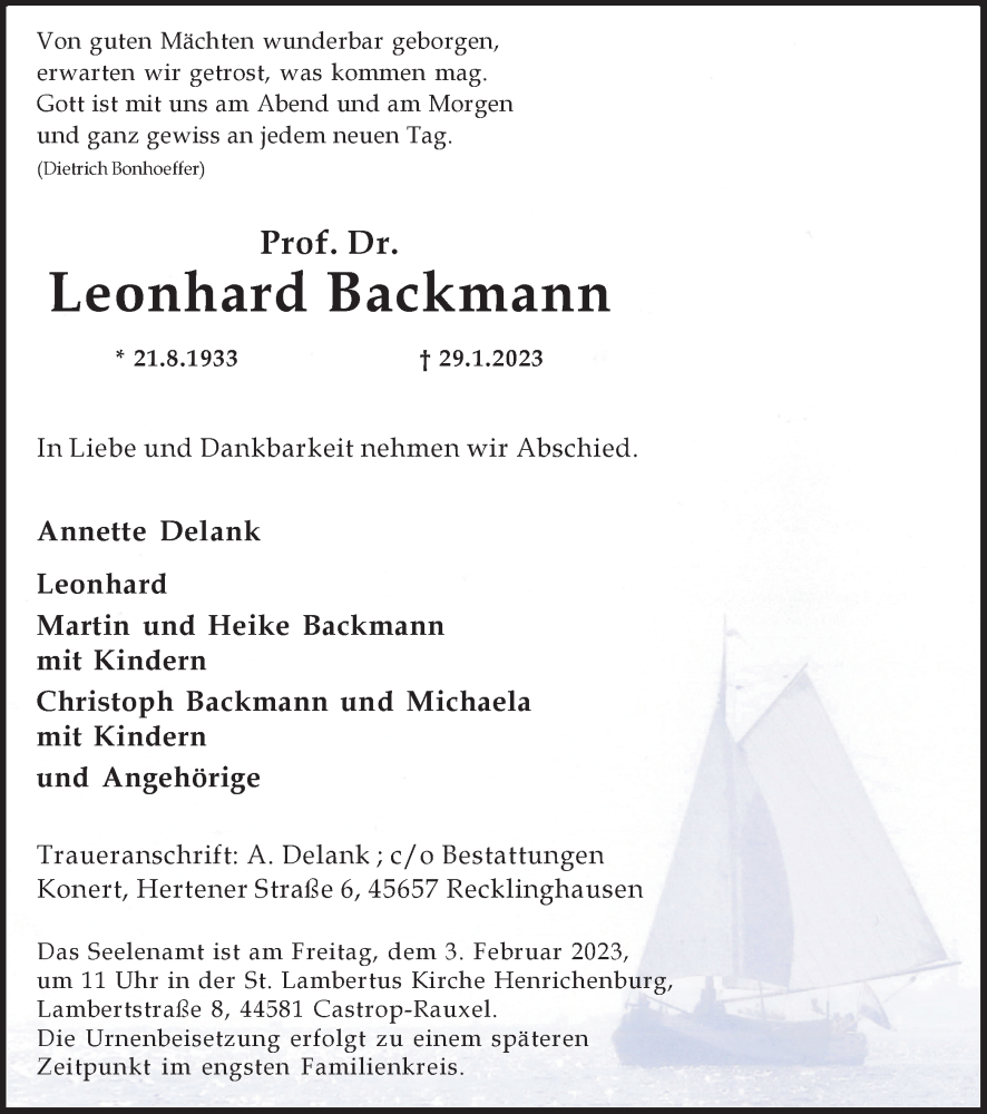  Traueranzeige für Leonhard Backmann vom 31.01.2023 aus Ruhr Nachrichten und Halterner Zeitung
