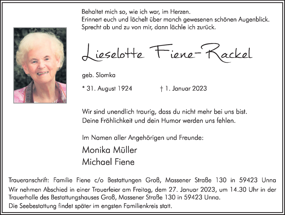  Traueranzeige für Lieselotte Fiene-Rackel vom 14.01.2023 aus Hellweger Anzeiger