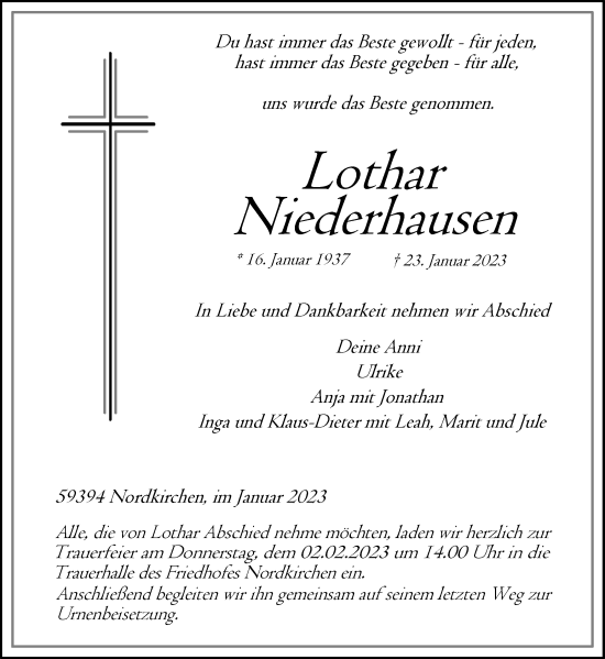 Traueranzeige von Lothar Niederhausen von Ruhr Nachrichten