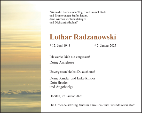 Traueranzeige von Lothar Radzanowski von Ruhr Nachrichten und Dorstener Zeitung