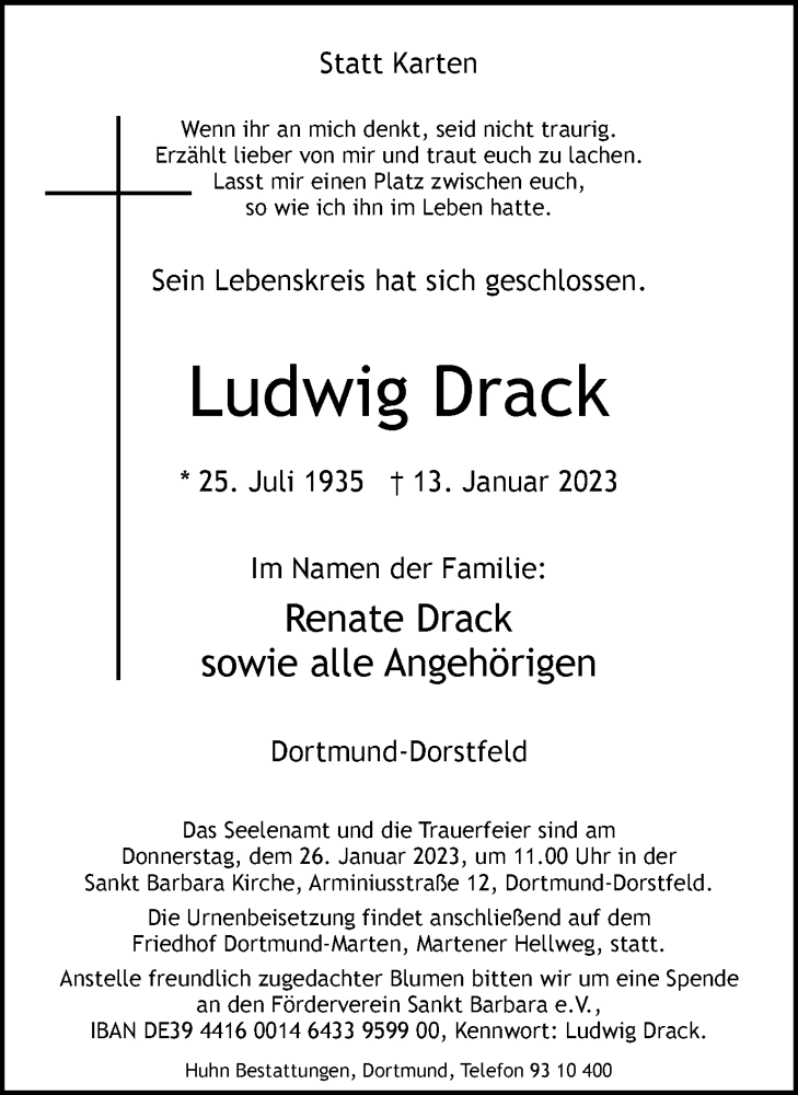  Traueranzeige für Ludwig Drack vom 21.01.2023 aus 