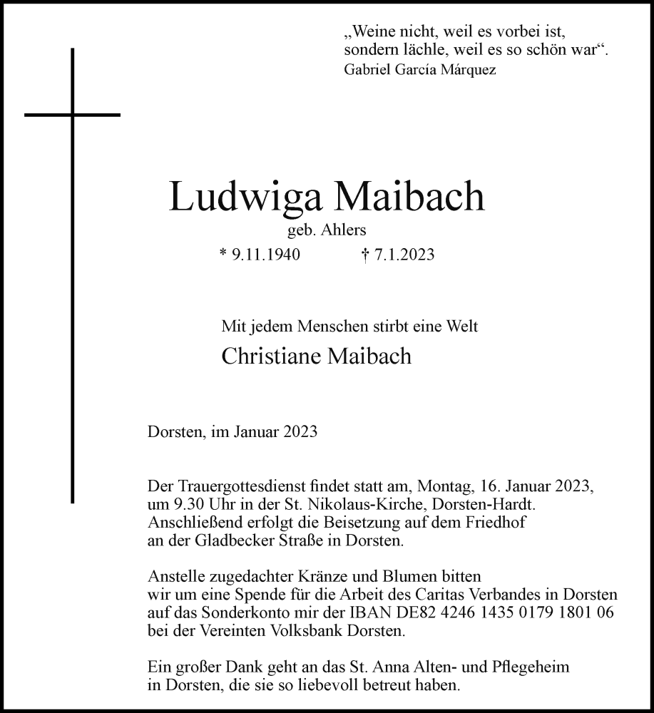  Traueranzeige für Ludwiga Maibach vom 11.01.2023 aus Ruhr Nachrichten und Dorstener Zeitung