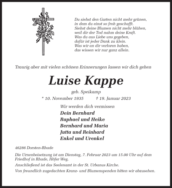 Traueranzeige von Luise Kappe von Ruhr Nachrichten und Dorstener Zeitung