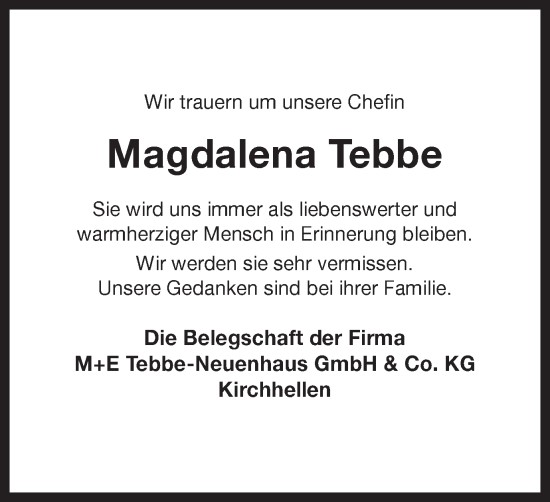 Traueranzeige von Magdalena Tebbe von Ruhr Nachrichten und Dorstener Zeitung
