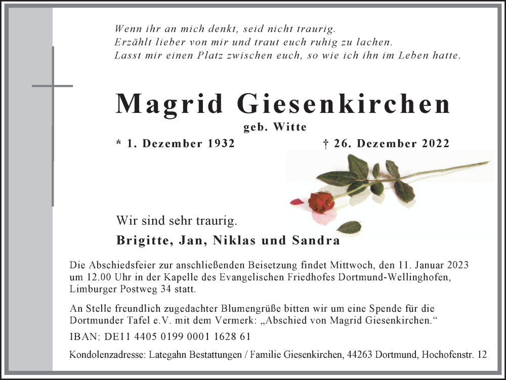  Traueranzeige für Magrid Giesenkirchen vom 07.01.2023 aus 