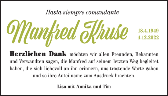 Traueranzeige von Manfred Kruse von Hellweger Anzeiger