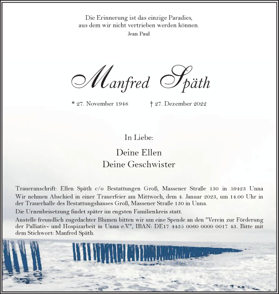 Traueranzeige von Manfred Späth von Hellweger Anzeiger