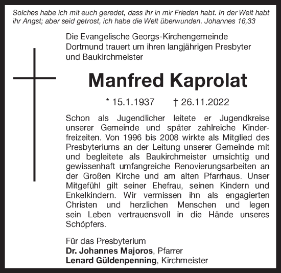 Traueranzeige von Manfred Kaprolat Kaprolat 