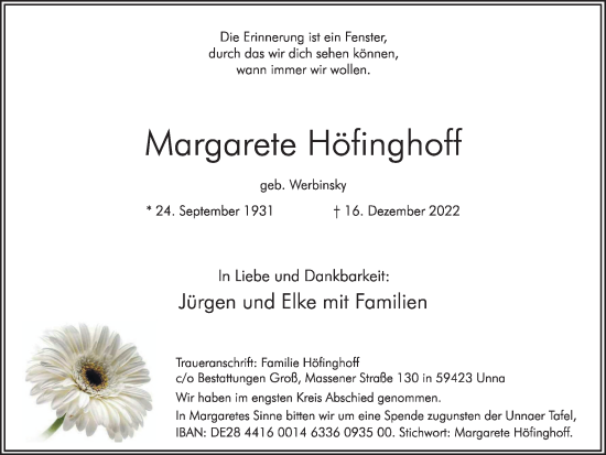 Traueranzeige von Margarete Höfinghoff